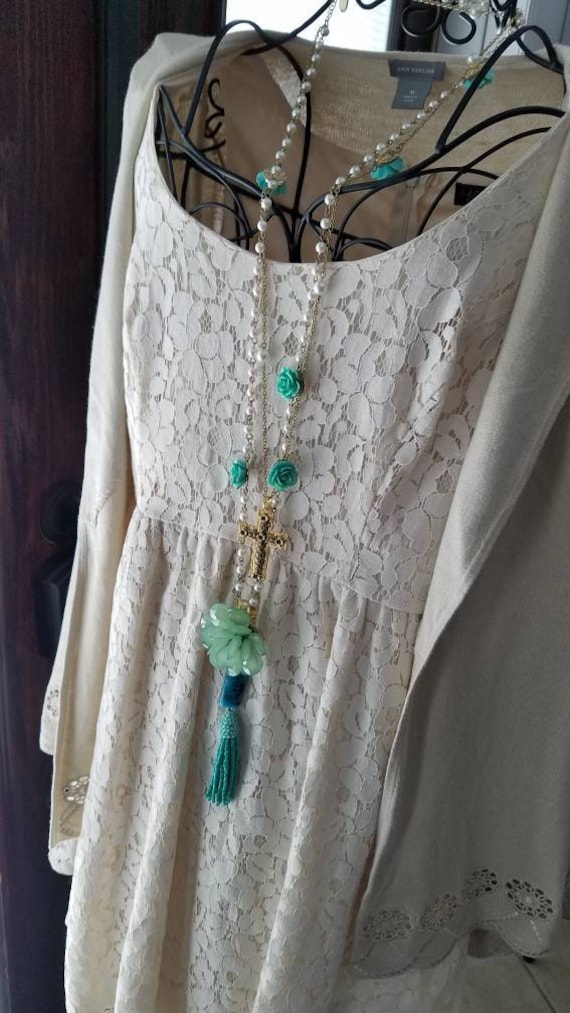 Aqua Rose Beaded Tassel Rosary Chain Shabby Chic Necklace Assemblage