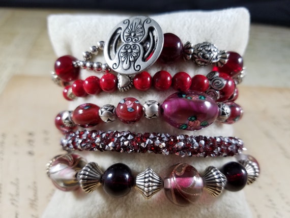 Red and Silvertoned Vintage Bracelets Lot #B81; Costume Jewelry Lot, Boho Bracelet Set; Roses and Hearts Costume Bracelets