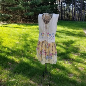 Butter Yellow and Cream Bohemian Vest with Flowing Floral and Embroidery Upcycled Wearable Art; Spring Floral Sleeveless Duster