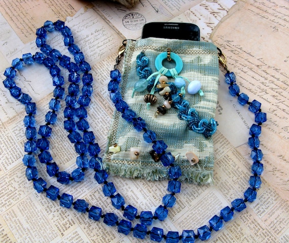 Aqua Fiber Art Cell Phone Cross Body Pouch fits iPhone or Samsung Galaxy S4