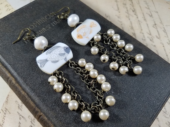 Shell and Pearl Fish Drop Earrings; Bone Fish Beaded Dangle Earrings; Assemblage Fish Dangle Earrings; Pearl Chain Dangle Earrings; Coy Fish