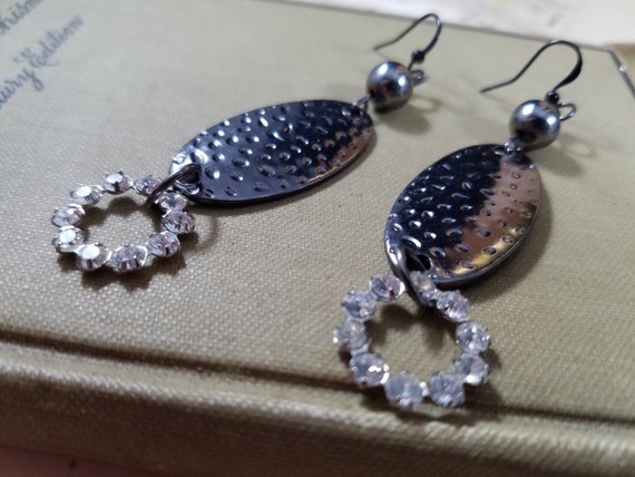 Black Pearl and Gun Metal Ovals and Rhinestones Drop Earrings; Metallic Black Hammered Ovals with Circular Rhinestone Dangle Earrings