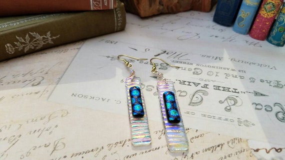 Icy Dichronic Fused Glass Dangle Drop Earrings With Peacock Blue Dots