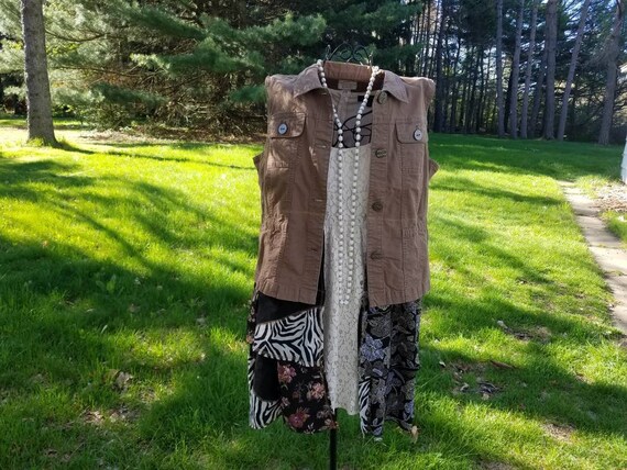 Brown and Black Gypsy Bohemian Vest with Flowing Floral and Animal Print Skirting Upcycled Wearable Art; Earthtone Sleeveless Duster