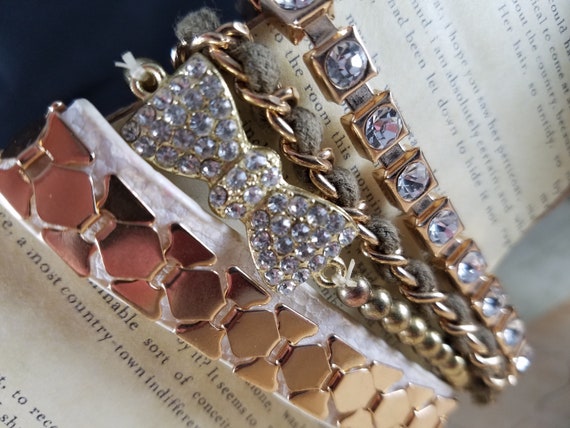 Goldtone Vintage Bracelets Lot #B66; Costume Jewelry Lot, Boho Bracelet Set; Rhinestone Bracelets, Gold and Cream Bracelets Lot