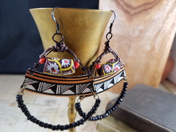 Tribal Drop Earrings of the Tribal Collection; Moroccan Style Dangle Earrings; Day of Dead Earrings; Afgani Beaded Earrings; Tin Jewelry