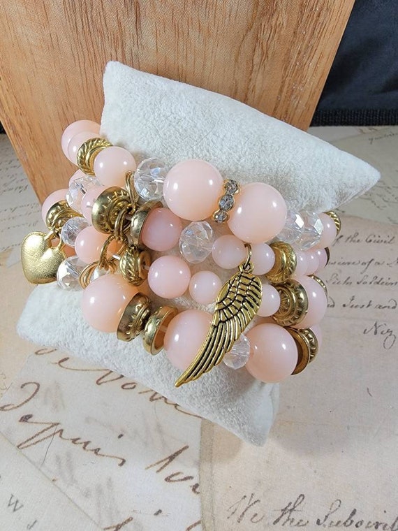Blush Pink Layered Stretch Bracelet; Charm Beaded Bracelet; Pink 4 Strand Bracelet; Love Charm Bracelet;   Assemblage Bracelet
