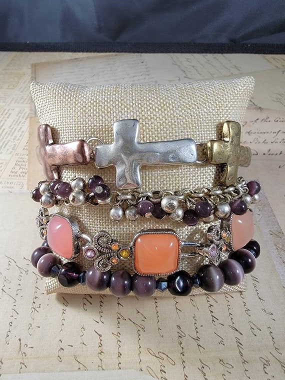Bohemian Peach and Purple Vintage Bracelet Set #B91; Multi Metal Cross Bracelet; Purple Cats Eye Beaded Bracelets; Pink and Orange Bracelet