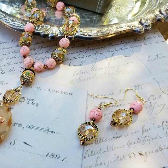 Rosey Pink and Brass Drop Earrings