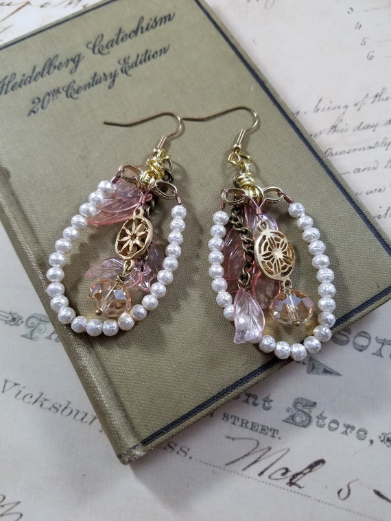 Brass Charms, Rhinstones, Pearls and Leaves Drop Earrings; Blush Pink Brass Rhinestone Dangle Earrings; Long Vintage Assemblage Earrings