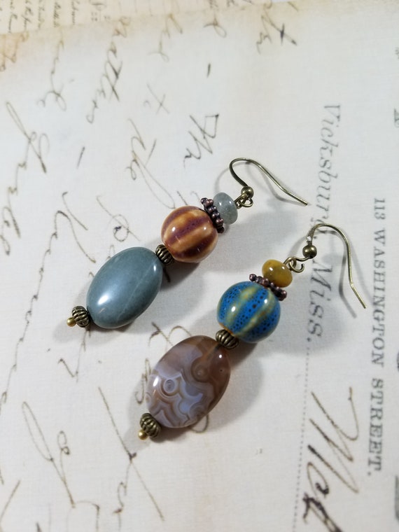 Blue and Brown Pumpkin Drop Earrings; Semiprecious Stone Dangle Earrings; Artisan Assemetric Beaded Drop Earrings; Ceramic Dangle Earrings