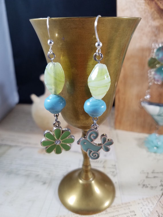 Aqua and Green Bird Floral Dangle Earrings