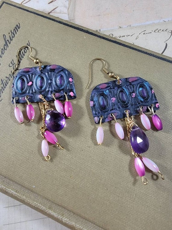 Rustic Hand-Painted Tin Chandelier Earrings; Purple, Pink, and Black Beaded Drop Earrings; Spring Earrings; Amethyst Briollette Earrings