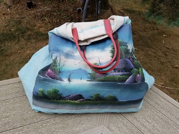 Blue Lagoon Painting Beach Tote;  Canvas Blue Tote Bag; Huge Beach Bag; Boho Beach Market Bag; Blue Pink and White Beach Tote Bag