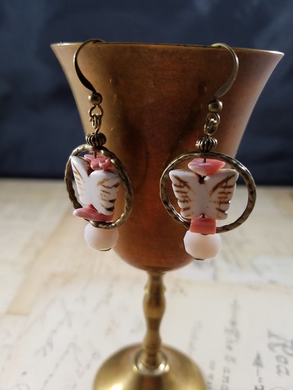 Captured Butterfly Drop Earrings; Beaded Dangle Earrings; Butterfly Hoop Beaded Drop Earrings; Semi Precious Stone Dangle Earrings