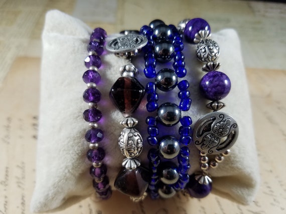 Purple Beaded Vintage Bracelets Lot #B79; Costume Jewelry Lot, Boho Bracelet Set; Cobalt, Hematite, Amethyst and Pewter Costume Bracelets