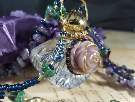 Purple Magic Rose Perfume Bottle Assemblage Pendant Necklace with Silky Tassel. Triple Strand Amethyst Bottle Necklace