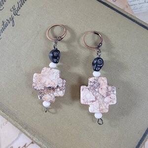 Blush Stone Cross Drop Earrings; Neutral Beaded Dangle Earrings; Rustic Cross Beaded Drop Earrings; Semi Precious Stone Dangle Earrings