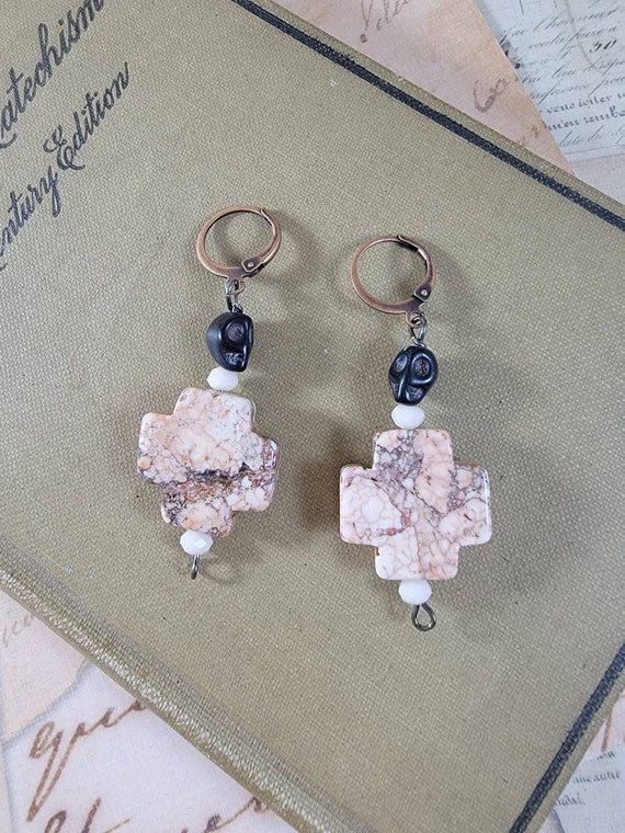 Blush Stone Cross Drop Earrings; Neutral Beaded Dangle Earrings; Rustic Cross Beaded Drop Earrings; Semi Precious Stone Dangle Earrings
