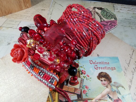 Red Rose Beaded Upcycled Stackable Bracelets; 5 Valentine Stackable Bracelets; Boho Bracelet Stack; Multimedia Bracelet Stack; Gypsy Stack