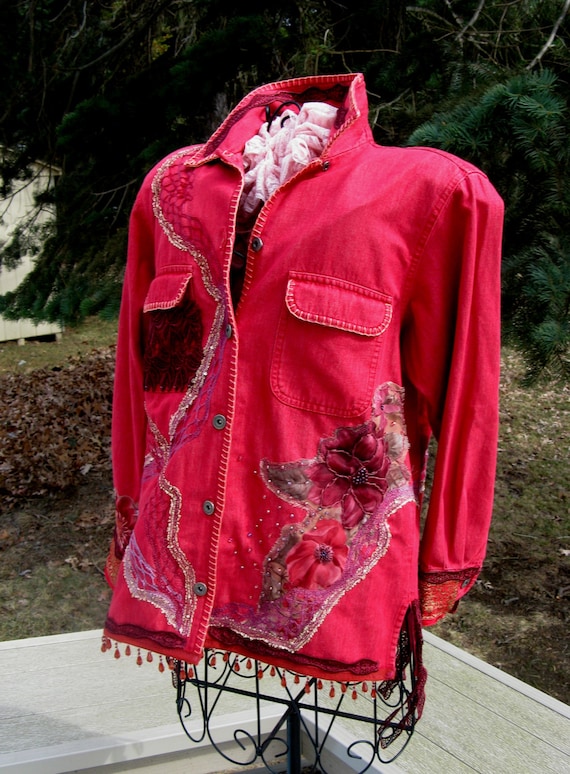 Art to Wear Red Denim Jacket Gypsy Fairy Boho Romantic Shabby Chic Upcycled Vintage Jacket, Red Rose's Valentines Day Jacket