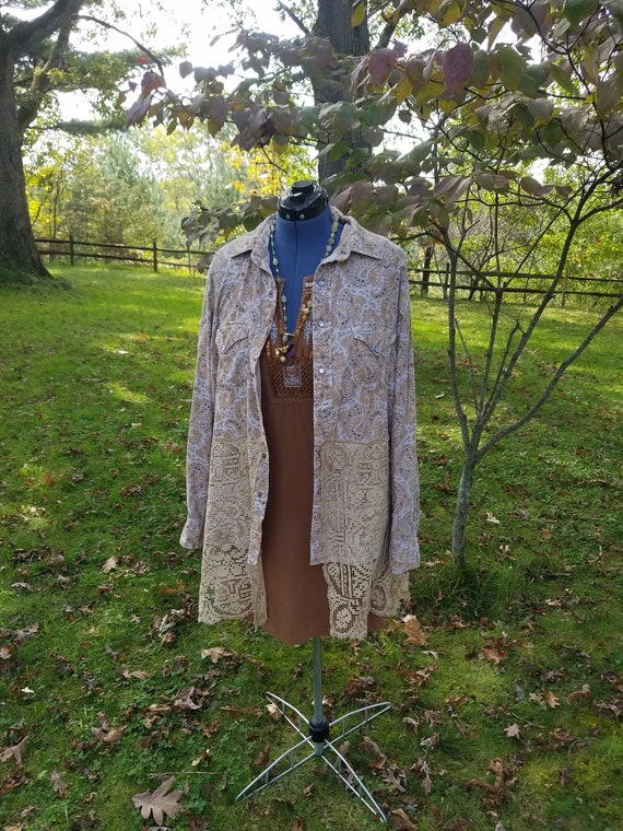Gypsy Boho Hippie Paisley Cardigan Adorned with Upcycled Crochet Doilies