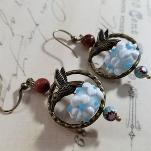 Aqua Blue Hummingbird Drop Earrings; Aqua Beaded Dangle Earrings; Artisan Mockingjay Beaded Drop Earrings; Lampwork Dangle Bird Earrings