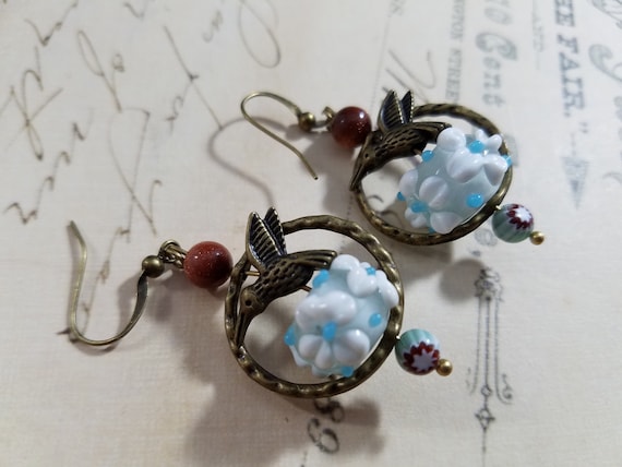 Aqua Blue Hummingbird Drop Earrings; Aqua Beaded Dangle Earrings; Artisan Mockingjay Beaded Drop Earrings; Lampwork Dangle Bird Earrings