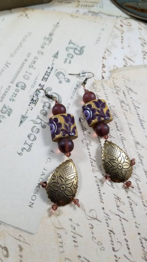 Plum and Parchment Ceramic Floral and Brass Drop Earrings