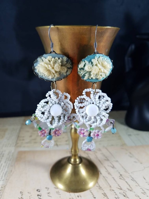 Pastel Rustic Floral Hand-Painted Tin Drop Earrings; White, Pink, Blue and Yellow  Beaded Assemblage Earrings; Spring Earrings; Shabby Chic