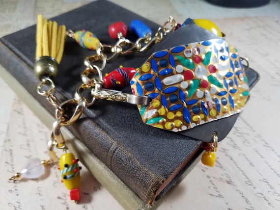 Bright Colors Fruitcake Tin Assemblage Bracelet; Boho Sun Burst Tin Bracelet; Colorful Charm Bracelet