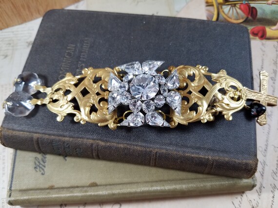Romantic Rhinestone Bracelet; Brass Filigree Assemblage Bracelet; Victorian Filigree Bracelet; Brass Pressing Bracelet; Rhinestone Cross