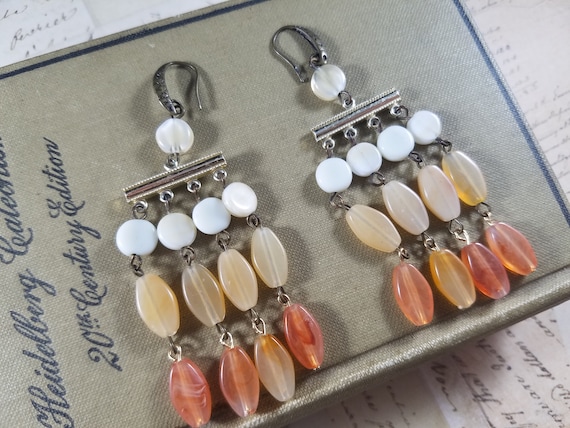 Autumn Chandelier Earrings; Pumpkin Orange and Yellow Beaded Drop Earrings; Bone Ombre Orange Lucite Fall Beaded Earrings; Neutral Beaded