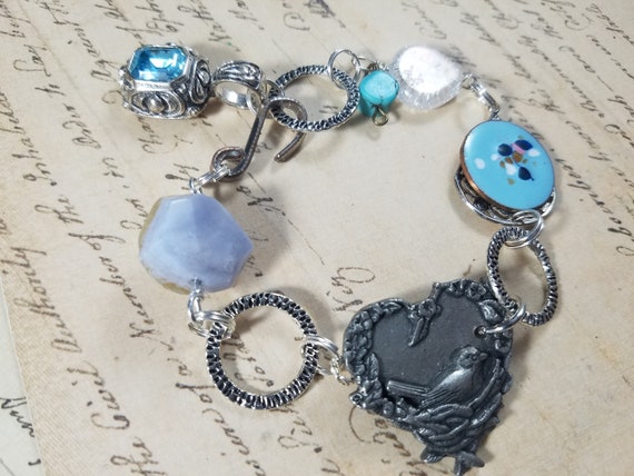 Blue Bird Bracelet; Chalcedon and Pewter Art Assemblage Bracelet; Sky Blue Beaded Bracelet; Hammered Pewter Rings Heart Bracelet