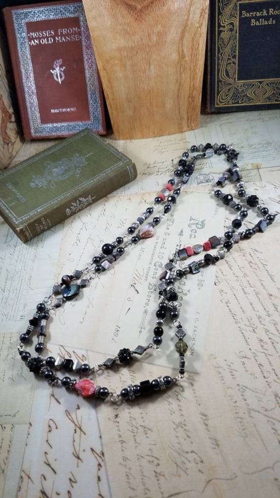 Shades of Grey Double Strand Mother of Pearl Long Gypsy Boho Necklace, Long Black and Grey Beaded Chain Hippie Necklace, Gypsy Beaded Chain