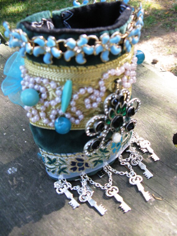 Gypsy Fiber Art and Beaded Cuff Boho Upcycled Wearable Art