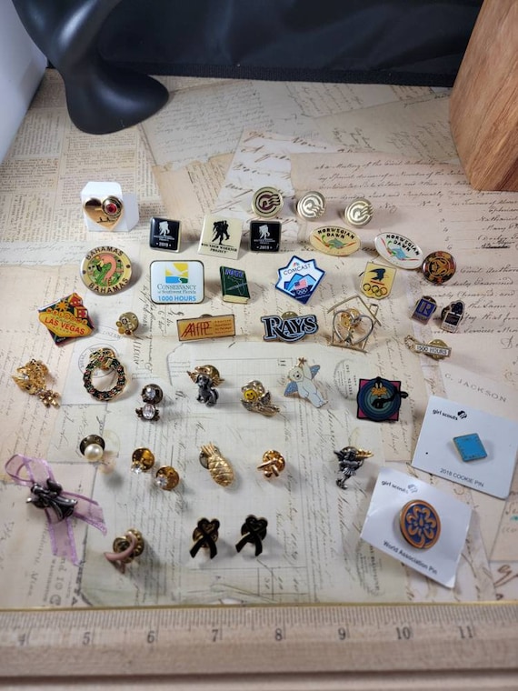 42 Stud Pins Destash Box #20; Assorted Lapel Pins; Advertisement Pins; Tie Tacks; Assemblage Supply
