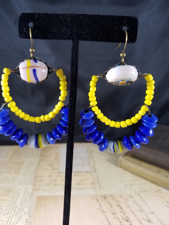 Blue and Yellow Beaded Hoop Earrings; Art Glass Beaded Drop Earrings; Tribal Beaded Earrings; Spring Festival Earrings