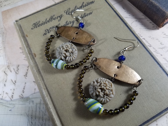 Art Glass Floral Olive Green Half Hoop Assemblage Earrings; Art Glass Beaded Drop Earrings; Beaded Floral Art Earrings; Rustic Art Earrings