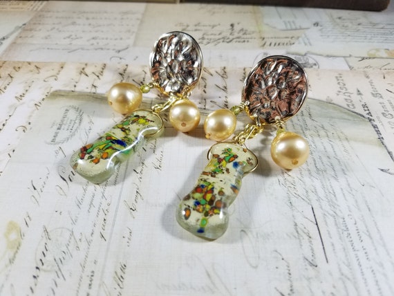 Runway Fashion Assemblage Earrings; Fused Glass and Mallorica Pearl Brass Clip Earrings; Long Golden Runway Clip Earrings;Cereve DesignMark