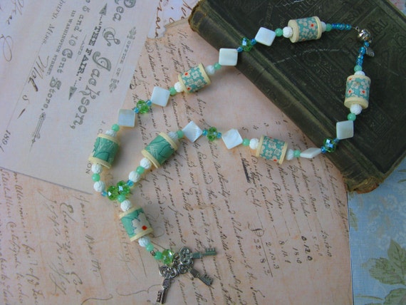 Wintergreen Calico Pendant of Shabby Chic Vintage Beads of Shell, Bone, Crystal, Wooden Spools, & Feedsack