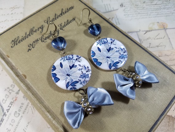 Blue Floral Daydream Earrings;White and Blue Satin Bow Drop Earrings; Mother of Pearl Beaded Earrings; White Poinsetta Ice Dangle Earrings
