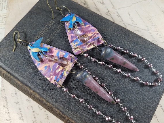 Blue Birds of Happiness Earrings; Painted Sunset Assemblage Earrings; Painted Tin Earrings; Scorched Earth Spike Earrings