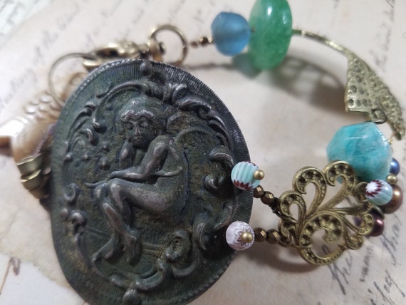 Antique Swordfish and Mermaid Assemblage Bracelet; Ancient Ocean Assemblage Bracelet; Ocean Treasure Bracelet; Beach Glass Bracelet