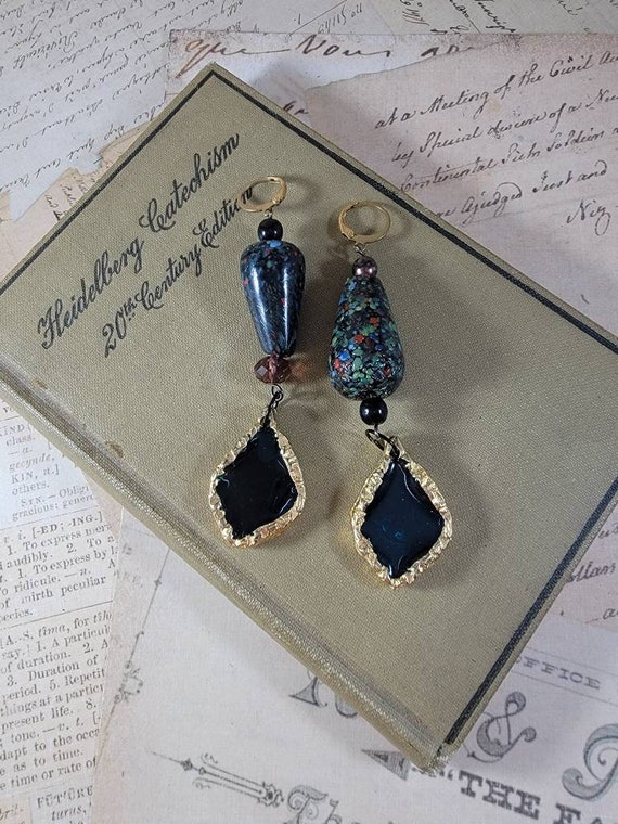 Fleck Glass and Nugget Brass Assemblage Earrings; Vintage Pendant Assemblage Earrings; Gold and Black Art Earrings; Runway Earrings