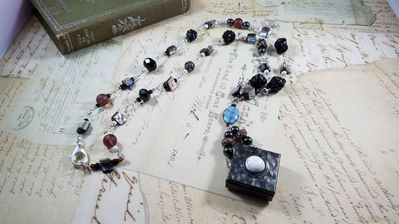 31 Inch Shades of Grey Mother of Pearl Pill Box Pendant; Medicine Case Gypsy Boho Necklace; Black and Grey Beaded Pill Case Necklace;