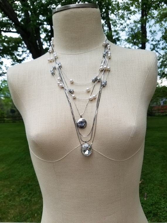 Snake Chain Necklaces Vintage Jewelry Set #24; Layered Necklace Lot; Silvertoned Snake Chains and Pearls Set