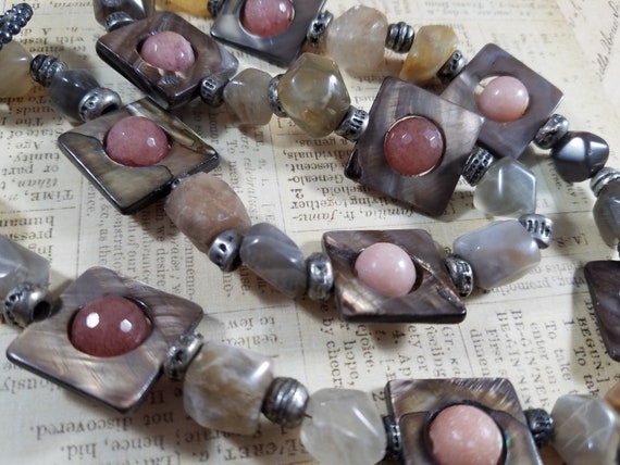 Shell Pink and Mocha Geometric Choker Necklace; Agate and Shell Necklace; Modern Art Necklace; Square Bead Chunky Necklace