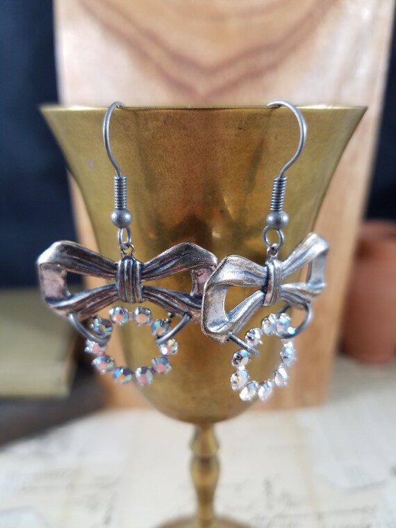 Pewter Bows and Rhinstones Drop Earrings; Antiqued Pewter Rhinestone Dangle Earrings
