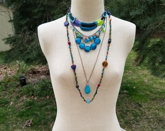 Teal Colorful Boho Beaded Necklaces Jewelry Set #A11;  Bohemian Necklaces;Beaded Chain; Chicos Enamaled Layered Jewelry Lot
